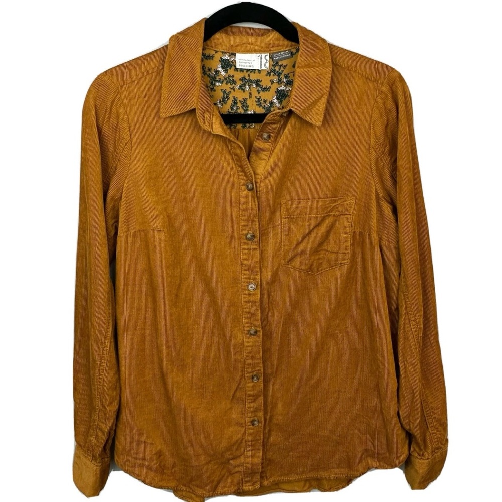ANTHROPOLOGIE Building From The Heart Button-Down Mustard Corduroy Shirt Size 12